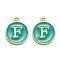 Golden Plated Alloy Enamel Charms, Enamelled Sequins, Flat Round with Alphabet, Letter.F, Green, 14x12x2mm, Hole: 1.5mm