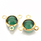 Glass Charms, with 304 Stainless Steel Finding, Flat Round, Faceted, Golden, Green, 12x13x4mm, Hole: 1.5mm