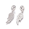 Brass Micro Pave Cubic Zirconia European Dangle Charms, Large Hole Pendants, Wing, Clear, Platinum, 28.5mm, Wing: 20x8x2mm, Hole: 5mm