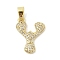Brass Micro Pave Cubic Zirconia Pendants, Letter, Real 18K Gold Plated, Letter Y, 19.5x15x2.5mm, Hole: 4.8x2.9mm
