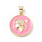 Rack Plating Brass Enamel Pendants, with Glitter Powder, Long-Lasting Plated, Real 18K Gold Plated, Flat Round with Human Charm, Pearl Pink, 19x16.5x3.5mm, Hole: 4x3mm