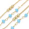 3.28 Feet Handmade Brass Curb Chains, with Faceted Glass Links, Brass Beads, Soldered, Long-Lasting Plated, Real 18K Gold Plated, Light Sky Blue, 1.7x1.3x0.4mm, Beads: 3.5x2.5~3mm and 3mm