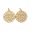 Brass Micro Pave Clear Cubic Zirconia Pendants, with Jump Rings, Long-Lasting Plated, Flat Round with Evil Eye, Golden, 20x17.5x1.5mm, Hole: 2.7mm