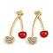 304 Stainless Steel Rhinestone Pendants, Enamel Style, Cherry, Ion Plating(IP), Real 18K Gold Plated, 39x23.5x5.5mm, Hole: 1.5mm