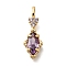 Brass Glass Pendants, Rhombus with Heart Charms, Real 14K Gold Plated, Faceted, Dark Orchid, 18.5x6.5x4.5mm, Hole: 3.5x2mm