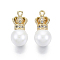Brass Micro Pave Clear Cubic Zirconia Pendants, with ABS Plastic Imitation Pearl, Nickel Free, Crown, Real 18K Gold Plated, 16.5x8mm, Hole: 1.2mm