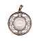Retro Hollow Natural Rose Quartz Pendants, Flat Round Pendants, with Red Copper Metal Finding , 36x33mm