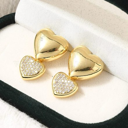 Серьги-гвоздики в форме сердца из латуни с микропаве из прозрачного кубического циркония EJEW-H143-26G-1