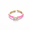 Brass Enamel Cuff Rings, Open Rings, Solitaire Rings, with Clear Cubic Zirconia, Nickel Free, Teardrop, Golden, Pearl Pink, US Size 7(17.3mm)