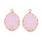 Glass Pendants, with Golden Tone Brass Findings, Imitation Jade, Faceted, Oval, Pink, 28.5x19x5mm, Hole: 2mm