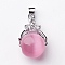 Cat Eye Pendants, with Brass Findings, Round, Platinum, Pearl Pink, 27.5~28x13~15.5x11.5~12mm, Hole: 4x3.5mm