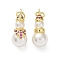 Brass & Cubic Zirconia & Plastic Imitation Pearl Pendants, Cadmium Free & Lead Free, Rack Plating, Christmas Theme, Snowman, Real 18K Gold Plated, 18.5x9.5x7.7mm, Hole: 3mm