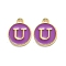 Golden Plated Alloy Enamel Charms, Enamelled Sequins, Flat Round with Alphabet, Letter.U, Purple, 14x12x2mm, Hole: 1.5mm
