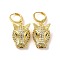 Leopard Head Brass Dangle Leverback Earrings, with Cubic Zirconia, Real 18K Gold Plated, 34x15mm