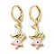 Real 18K Gold Plated Brass Dangle Leverback Earrings, with Enamel and Cubic Zirconia, Moon & Star with Evil Eye, Pearl Pink, 32x11mm