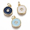Brass Micro Pave Clear Cubic Zirconia Charms, Long-Lasting Plated, with Enamel & Jump Rings, Flat Round, Real 18K Gold Plated, Mixed Color, 13.2x11x2.7mm, Hole: 3mm, Jump Ring: 5x0.8mm