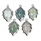 Natural Green Fluorite Faceted Leaf Pendants, Rack Plating Brass Charms, Platinum, 23x13.5x5.5mm, Hole: 1.2mm