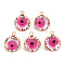 Transparent Glass Pendants, with Brass Prong Settings, Faceted, Flat Round with Evil Eye, Light Gold, Hot Pink, 17x13x6mm, Hole: 1.8mm