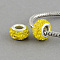 Polymer Clay Grade A Rhinestone Rondelle European Beads, with Double Brass Silver Color Plated Core, Large Hole Beads, Citrine, 12x7mm, Hole: 5mm