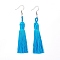 Polyester Tassel Earrings, with 304 Stainless Steel Earring Hooks, Stainless Steel Color, Deep Sky Blue, 82mm, Pin: 0.6mm