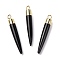 Natural Black Onyx Brass Pointed Pendants, Cadmium Free & Lead Free, Dyed & Heated, Bullet Shaped, Light Gold, 33~37x4~5mm, Hole: 2mm