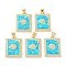 Rack Plating Brass Micro Pave Cubic Zirconia Eye Pendants, Synthetic Opal Rectangle Charms with Snap on Bail, Cadmium Free & Lead Free, Long-Lasting Plated, Real 18K Gold Plated, Cyan, 23.5x17x3mm, Hole: 5x3.2mm