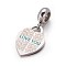 304 Stainless Steel European Dangle Charms, with Enamel, Large Hole Pendants, Heart with Word Love You, For Valentine's Day, Stainless Steel Color, Dark Turquoise, 27mm, Hole: 4.5mm, Pendant: 18x13x1.3mm
