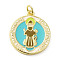 Rack Plating Brass Enamel Pendants, with Jump Ring, Long-Lasting Plated, Cadmium Free & Lead Free, Real 18K Gold Plated, Flat Round with Saint Charm, Dark Turquoise, 24x19.5x2.5mm, Hole: 3mm
