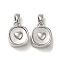Brass Pave Shell Square Charms, with Snap on Bails, Platinum, 13x10x5mm, Hole: 5x2.5mm