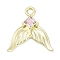 Golden Alloy Pendants, Fishtail Charms, with Glass, Rack Plating, Cadmium Free & Nickel Free & Lead Free, Pink, 17.5x16.5x3mm, Hole: 1.8mm