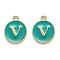 Golden Plated Alloy Enamel Charms, Enamelled Sequins, Flat Round with Alphabet, Letter.V, Green, 14x12x2mm, Hole: 1.5mm