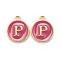 Golden Plated Alloy Enamel Charms, Cadmium Free & Lead Free, Enamelled Sequins, Flat Round with Letter, Camellia, Letter.P, 14x12x2mm, Hole: 1.5mm