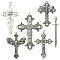 6Pcs 6 Styles Tibetan Style Alloy Cross Pendants, Mixed Shapes, Antique Silver, 51.5~74x14.5~54x1.5~2mm, Hole: 1.6~5mm, 1pc/style
