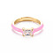 Brass Enamel Cuff Rings, Open Rings, with Clear Cubic Zirconia, Nickel Free, Rectangle, Golden, Pearl Pink, US Size 7 1/4(17.5mm)
