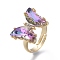 Adjustable Brass Glass Finger Rings, with Clear Cubic Zirconia, Butterfly, Golden, Medium Purple, Size 7, Inner Diameter: 17mm