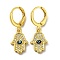 Real 18K Gold Plated Brass Dangle Leverback Earrings, with Enamel and Cubic Zirconia, Hamsa Hand with Evil Eye, Midnight Blue, 28.5x10mm