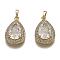 Golden Plated Brass Micro Pave Clear Cubic Zirconia Pendants, with Glass, Long-Lasting Plated, with Snap on Bails, Teardrop, Clear, 24.5x16x7.5mm, Hole: 3x5mm