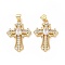 Brass Cubic Zirconia Pendants, Cadmium Free & Lead Free, Religion Cross Charms, Golden, 26x19x4mm, Hole: 3x5mm