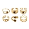 6Pcs 6 Style Rectangle & Horse Eye & Half Round 304 Stainless Steel Open Cuff Rings Set, Natural Tiger Eye Stackable Rings, Real 18K Gold Plated, Inner Diameter: 17~19mm, 1Pc/style