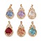 Brass Glass Pendants, Teardrop, Light Gold, Mixed Color, 26.5x16x13.5mm, Hole: 2.5x2mm