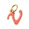 Ion Plating(IP) 304 Stainless Steel Enamel Alphabet Charms, with Jump Ring, Real 14K Gold Plated, Letter V, 10.5x11x1mm, Hole: 5mm