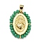 Brass with Glass Pendants, Cadmium Free & Lead Free, Real 18K Gold Plated, Oval with Heart Pattern, Sea Green, 25~26x19~19.5x3~3.5mm, Hole: 3x3.5mm