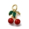 Brass Enamel Charms, with Jump Rings, Long-Lasting Plated, Rack Plating, Lead Free & Cadmium Free, Cherry Charm, Real 18K Gold Plated, 12x9x4.5mm, Hole: 3.5mm