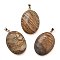 Electroplate Natural Picture Jasper Pendants, Brass Oval Charms with Iron Snap on Bails, 45x31~32x9mm, Hole: 6x5mm