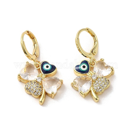 Серьги-подвески из латуни с клевером и сглазом из настоящей позолоченной 18-каратной латуни EJEW-Q797-20G-1
