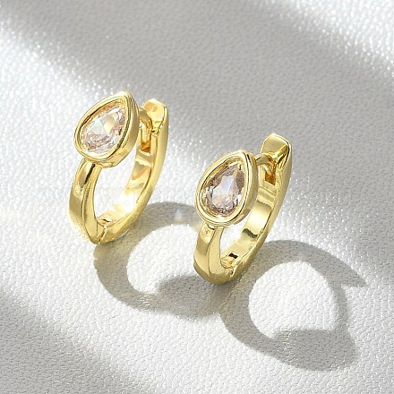 Серьги-кольца из латуни с микропаве из прозрачных кубических цирконий в форме капли EJEW-D311-132G-1