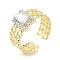 Rack Plating Brass Micro Pave Cubic Zirconia Open Cuff Rings for Women, Cadmium Free & Lead Free, Long-Lasting Plated, Rectangle, Real 18K Gold Plated, 9x7.5mm