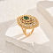 Geometric Hollow Brass Micro Pave Adjustable Finger Rings for Women, Horse Eye, Golden, Green, 31x20mm, Inner Diameter: Adjustable