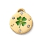 304 Stainless Steel Enamel Pendants, with Rhinestone, Golden, Flat Round with Clover Charm, Green, 19.5x16x2mm, Hole: 3x1.4mm
