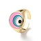 Evil Eye Rack Plating Brass Enamel Cuff Ring for Women, Wide Band Open Finger Ring, Lead Free & Cadmium Free, Real 18K Gold Plated, Pearl Pink, Inner Diameter: US Size 7(17.3mm)